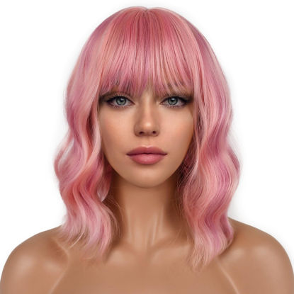 Picture of LANCAINI Short Bob Wigs with Bangs for Women Loose Wavy Wig Curly Wavy Shoulder Length Bob Synthetic Cosplay Wig for Girl Colorful Costume Wigs (Lovely Pink)