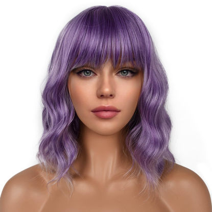 Picture of LANCAINI Short Bob Wigs with Bangs for Women Loose Wavy Wig Curly Wavy Shoulder Length Bob Synthetic Cosplay Wig for Girl Colorful Costume Wigs (Violet)