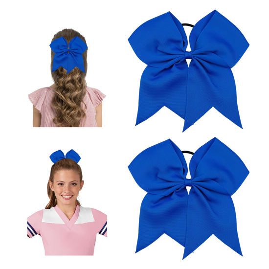 Picture of Large Cheer Bows for Cheerleaders Deep Blue Hair Bows for Girls Softball Hair Bows Teen Girls College Sports Elastic Ponytail Holder School Cheerleading Hair Accessories 8 Inch Bows for Girls 2 Pcs