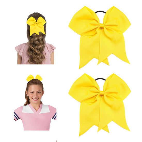 Picture of Large Cheer Bows for Cheerleaders - Softball Ponytail Holders, Elastic School Hairbows for Teen Girls & College Sports, 8 Inch Yellow Hair Bows (2 Pcs)