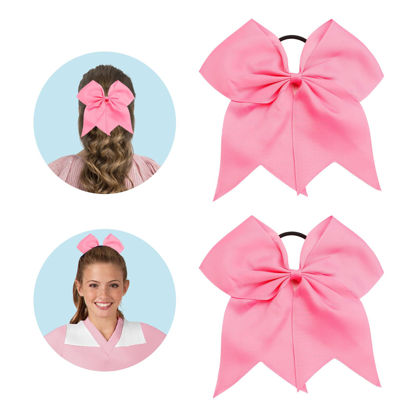 Picture of Large Pink Cheer Bows - Cheerleaders Hair Accessories, Softball Elastic Ponytail Holders for Teen Girls, College Sports, School Cheerleading, 8 Inch, 2 Pcs