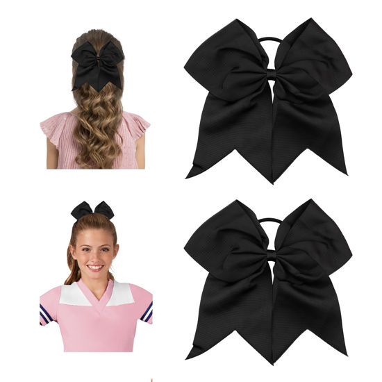 Picture of Large Black Hair Bows for Cheerleaders' Hair - Ponytail Holders with Elastic for Girls, Softball, College Sports, and Cheerleading - 8 Inch Hair Accessories, 2 Pcs