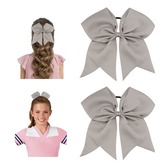 Picture of Large Cheer Bows for Cheerleaders Hair Bows for Girls Softball Hair Bows Teen Girls College Sports Elastic Ponytail Holder School Cheerleading Hair Accessories 8 Inch Bows for Girls 2 Pcs Grey