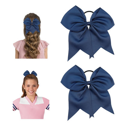 Picture of Large Cheer Bows for Cheerleaders Navy Blue Hair Bows for Girls Softball Hair Bows Teen Girls College Sports Elastic Ponytail Holder School Cheerleading Hair Accessories 8 Inch Bows for Girls 2 Pcs