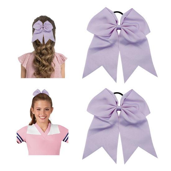 Picture of Large Cheer Bows for Cheerleaders Light Purple Hair Bows for Girls Softball Hair Bows Teen Girls College Sports Elastic Ponytail Holder School Cheerleading Hair Accessories 8 Inch Bows for Girls 2 Pcs