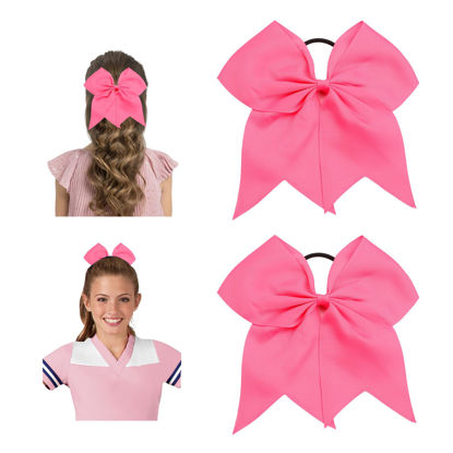 Picture of Large Cheer Bows for Cheerleaders Hair Bows for Girls Softball Hair Bows Teen Girls College Sports Elastic Ponytail Holder School Cheerleading Hair Accessories 8 Inch Bows for Girls 2 Pcs Pink