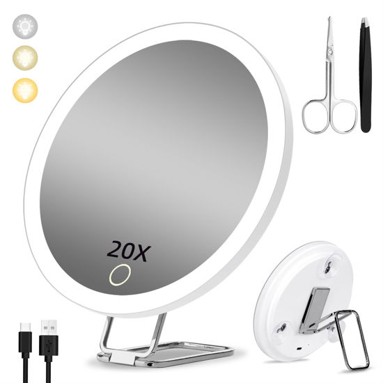 Picture of 20X Magnifying Mirror with Light, Rechargeable 3 Colors Dimming Lighted Magnifying Mirror with 3 Suction Cups and 360° Stand, 6" Large Travel Tabletop Magnified Makeup Mirror with Tweezers & Scissors