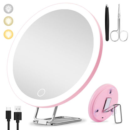 Picture of 20X Magnifying Mirror with Light, Large 6inch Lighted Magnified Mirror 20x with 3 Suction Cups and 360° Table Stand, Rechargeable 3 Colors Dimming Vanity Makeup Mirror with Tweezers & Scissors