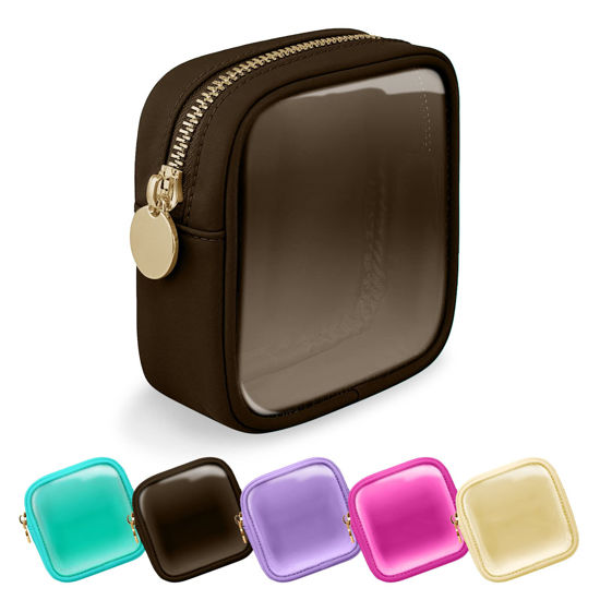 Picture of UIXIZQ Clear Mini Makeup Bag for Purse, Small Nylon&PVC Cosmetic Travel Bag TSA Approved Toiletry Bag with Zipper, Preppy Transparent Makeup Travel Bag Coin Purse for Women Men Girls(Mini-Chocolate)