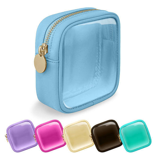 Picture of UIXIZQ Clear Mini Makeup Bag for Purse, Small Nylon&PVC Cosmetic Travel Bag TSA Approved Toiletry Bag with Zipper, Preppy Transparent Makeup Travel Bag Coin Purse for Women Men Girls(Mini-Blue)