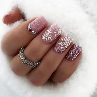 Picture of 24Pcs Christmas Press on Nails Short Square Stick on Nails Pink Fake Nails with Rhinestones Designs White Snow Acrylic Nails Full Cover Glitter Glue on Nails Xmas False Nails for Women Girls