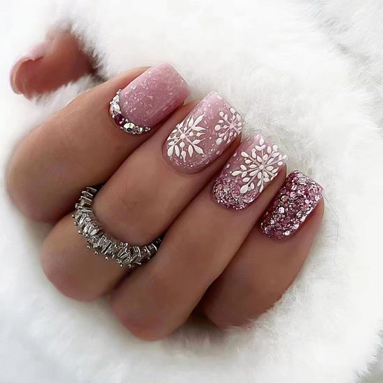 Picture of 24Pcs Christmas Press on Nails Short Square Stick on Nails Pink Fake Nails with Rhinestones Designs White Snow Acrylic Nails Full Cover Glitter Glue on Nails Xmas False Nails for Women Girls