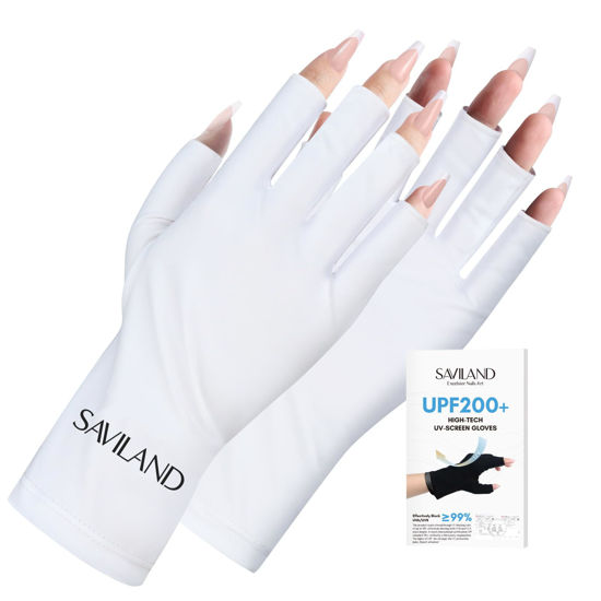 Picture of SAVILAND U V Gloves for Nails: UPF200+ High-tech Professional U V Gloves for Manicures, Anti UVA & UVB 999+ U V Gloves for Gel Nail Lamp Fingerless Gloves Prevent Hands from U V Harm (White)