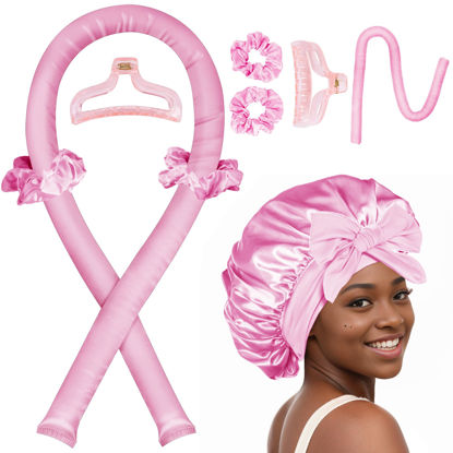 Picture of Heatless Hair Curler,Blowout Heatless Curls Overnight,No Heat Curling Rod Set with Silk Bonnet for Sleep in,PInk