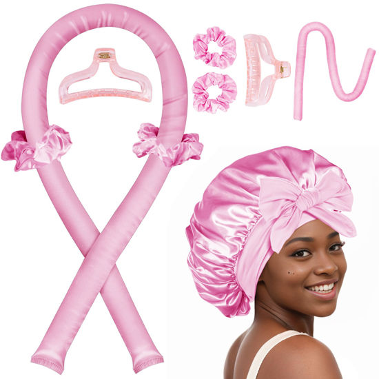 Picture of Heatless Hair Curler,Blowout Heatless Curls Overnight,No Heat Curling Rod Set with Silk Bonnet for Sleep in,PInk