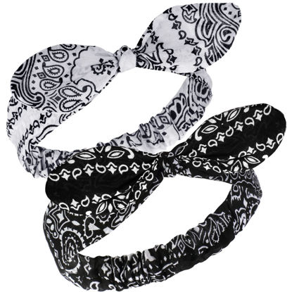 Picture of 2 Pieces Bandana Headband for Women, Knot Retro Print Headbands Paisley Print Headband Headwrap Adjustable Headwrap(White, Black)