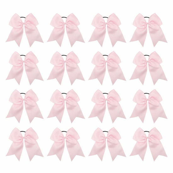 Picture of 16PCS 8" Large Cheer Hair Bows Ponytail Holder Elastic Band Handmade for Cheerleading Teen Girls College Sports (Pink, 16 Count (Pack of 1))
