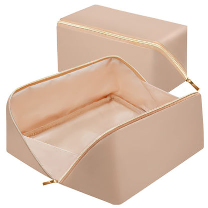 Picture of rlokosfb Portable Makeup Bag Opens Flat for Easy Access,Waterproof Large Cosmetic Bag Toiletry Bag,Travel Accessories Case Organizer Overnight Bag for Cosmetics,Toiletries,Pencils (Khaki, Medium)