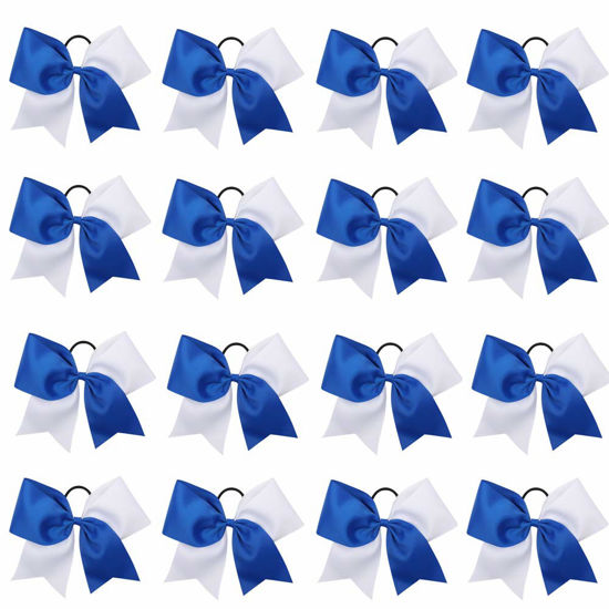 Picture of 16PCS 8" Large Cheer Hair Bows Ponytail Holder Elastic Band Handmade for Cheerleading Teen Girls College Sports (Royal blue/White, 16 Count (Pack of 1))