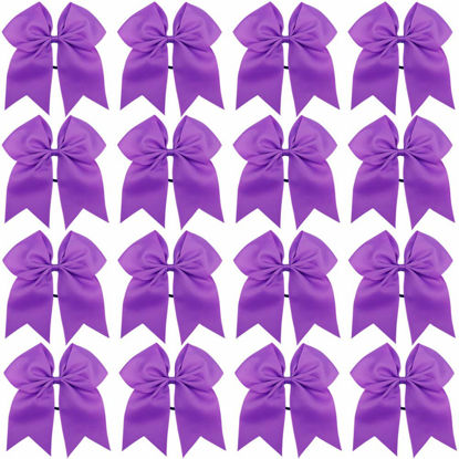 Picture of 16PCS 8" Large Cheer Hair Bows Ponytail Holder Elastic Band Handmade for Cheerleading Teen Girls College Sports (Purple, 16 Count (Pack of 1))