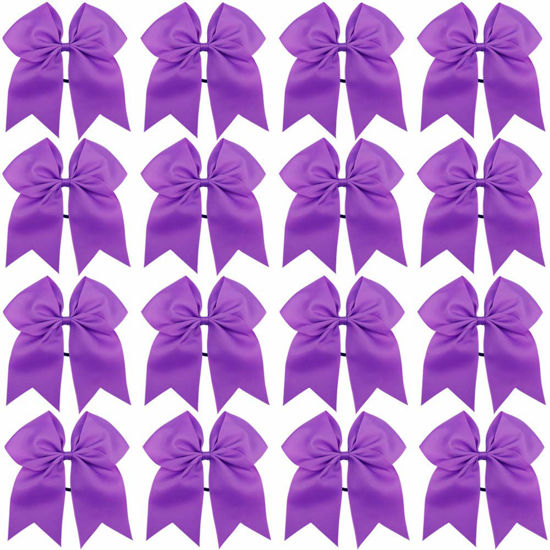 Picture of 16PCS 8" Large Cheer Hair Bows Ponytail Holder Elastic Band Handmade for Cheerleading Teen Girls College Sports (Purple, 16 Count (Pack of 1))