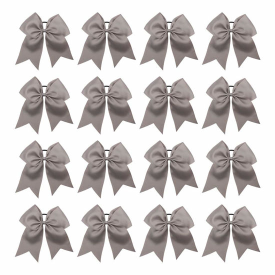 Picture of 16PCS 8" Large Cheer Hair Bows Ponytail Holder Elastic Band Handmade for Cheerleading Teen Girls College Sports (Gray, 16 Count (Pack of 1))