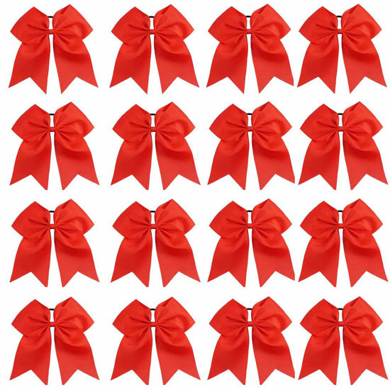 Picture of 16PCS 8" Large Cheer Hair Bows Ponytail Holder Elastic Band Handmade for Cheerleading Teen Girls College Sports (Red, 16 Count (Pack of 1))