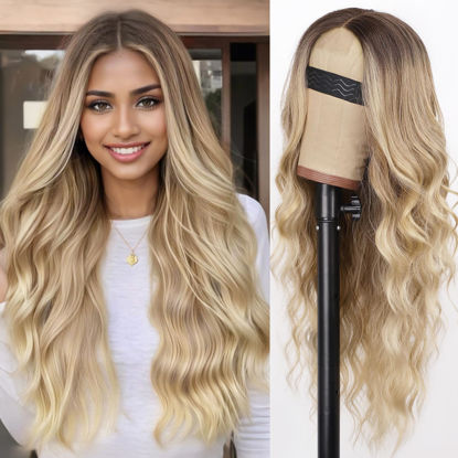 Picture of AISI HAIR Blonde Wig for Women, Long Wavy Lace Hairline Blond Synthetic Middle Part Ombre Blonde Wigs for Daily Party-26 Inch
