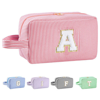 Picture of Huifen Personalized Initial Makeup Bag A-Z, Travel Toiletry Bag Preppy Make Up Bags Girls Cute Cosmetic Pouch Makeup Organizer Wedding Valentine's Day Birthday Christmas Gifts for Women (Pink, A)