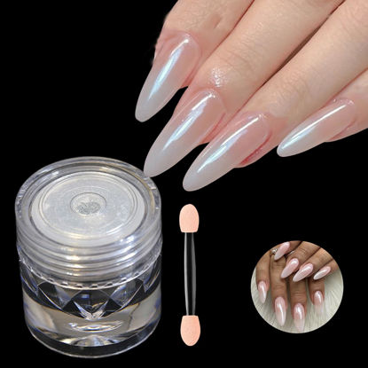 Picture of GZMAYUEN Moonlight White Chrome Nail Powder, White Pearl Nail Powder Pigment Mirror Effect Aurora Magic Pearlescent Nail Glitter Nail Art 3g/Jar