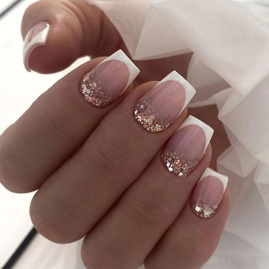 Picture of Press on Nails Short Square Fake Nails Press ons White French Tip Simple Style Acrylic Nails Full Cover Reusable Glossy Glitter False Nails Artificial Stick Glue on Nails for Women 24 Pcs