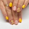 Picture of Square Press on Nails Short Yellow Fake Nails Press ons Sunflowers Light Pink Full Cover Acrylic Nails White Lines False Nails Glossy Glue Stick on Nails for Women 24 Pcs