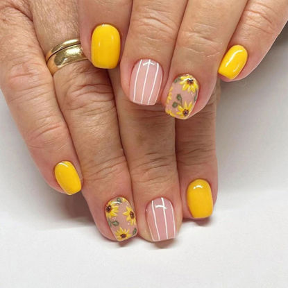 Picture of Square Press on Nails Short Yellow Fake Nails Press ons Sunflowers Light Pink Full Cover Acrylic Nails White Lines False Nails Glossy Glue Stick on Nails for Women 24 Pcs