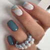 Picture of Press on Nails Short Square Fake Nails Sea Blue Acrylic Nails Press ons Glossy Full Cover False Nails with Golden Glitter Designs Glue Stick on Nails for Women Girls 24 Pcs