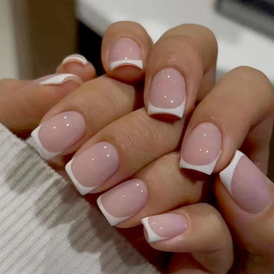 Picture of Press on Nails Short Acrylic Fake Nails White French Tip Square Artificial Nails Press ons Pink Full Cover Glossy Stick on Nails for Women Girls 24 Pcs