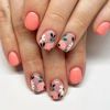 Picture of Press on Nails Short Square Fake Nails with Flower & Leaf Designs Pink Acrylic Nails Press ons Glossy Glue on Nails Cute Pink-Orange Full Cover Stick on Nails for Women 24 Pcs