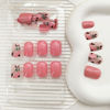 Picture of Press on Nails Short Square Fake Nails with Flower & Leaf Designs Pink Acrylic Nails Press ons Glossy Glue on Nails Cute Pink-Orange Full Cover Stick on Nails for Women 24 Pcs