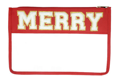 Picture of Cheer Makeup Bag with Chenille Lettering - Perfect Cosmetic & Cheer Pin Bag for Competitions - Cheerleader Gift for All Seasons - 6 Fun Theme Variations! (MERRY)