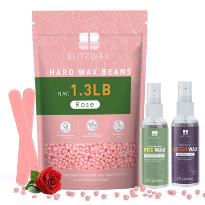 Picture of BLITZWAX Rose Wax Beads for Hair Removal 1.3lb Hard Wax Beans for Sensitive Skin, with 2 Silicone Sticks and 2 Pre&Post Waxing Oils for Bikini, Face and Brazilian, Suitable for Women Men at Home Salon