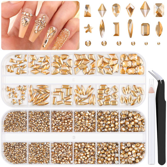 Picture of 3220Pcs Champagne Gold Glass Nail Rhinestones 120Pcs Multi Shapes Flatback Nail Gems +3100Pcs 1.5-4mm Round Crystal, Manicure Nail Charms Diamond Gemstones for Nail Design Acrylic Nails Decoration