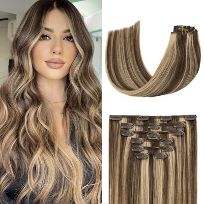 Picture of Clip in Hair Extensions Real Human Hair 70G Medium Brown/Dark Blonde 100% Remy Human Hair Soft Silky Straight 7pcs 16clips One Pack (22 Inch #4P27)