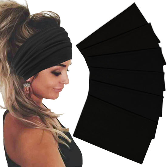 Picture of Sefiinh Wide Headbands For Women Stretch Headband Boho Head Bands Women's Hair Band Turban Workout Hairband Accessories Black 6 Pack