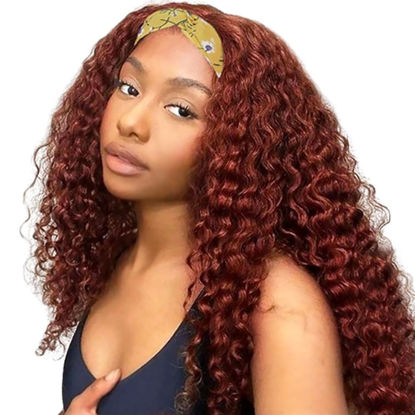 Picture of XSY Red Reddish Brown Headband Wig Human Hair Deep Wave None Lace Front Wigs Curly Human Hair Headband Wig Glueless Machine Made Deep Wave Headband Wig for Black Women 150% Density 16 Inch