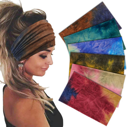 Picture of Sefiinh Wide Headbands For Women Stretch Headband Boho Head Bands Women's Hair Band Turban Workout Hairband Accessories Tie Dye 6 Pack