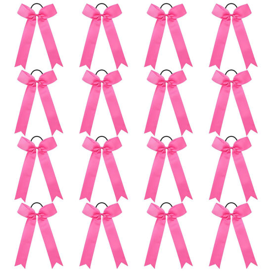 Picture of DEEKA 16 PCS Pink Collegiate Style Cheer Bows for Girls Teens Softball Cheerleader Sports - Handmade Long Tail Skinny Ribbon Ponytail Holders