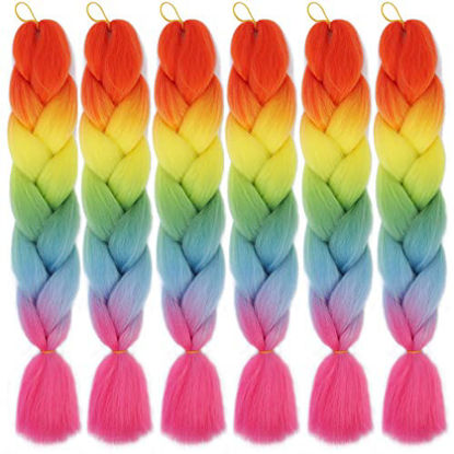 Picture of Xiaofeng Braiding Hair Extensions for Women 6 Packs 100g/Pack 24Inch High Temperature Ombre Jumbo Synthetic Braiding Hair for Twist Crochet Braids (24 Inch, orange-yellow--light green-light blue-rose)