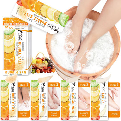 Picture of nbc BeautiLab Pedicure Kit Foot Soak Set: Bubble Salt, Sugar Scrub, Massage Mask, Massage Lotion in a Box, 4 Step Foot Spa Kit for Dry Feet, Calluses and Tired Feet(1 Set Tropical Fruit)