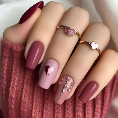 Picture of 24Pcs Valentines Press On Nails Medium Square - Heart Press On Nails, Valentines Fake Nails with Heart&Diamond Glossy Design, Artificial Valentines Nails Stick On Nails for Women（Simplicity ）