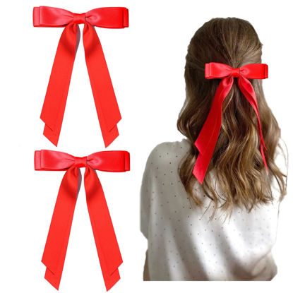 Picture of Ayesha Red Hair Bows Clips Red Satin Ribbon Bows with Long Tail Christmas Hair Bows Barrettes Hair Accessories for Women Girls 2pcs red bows
