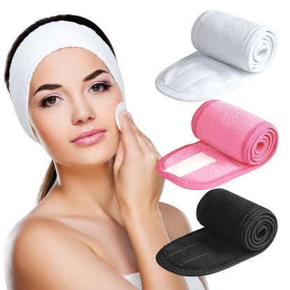 Picture of Denfany Spa Headband 3 Pack Ultra Soft Adjustable Face Wash Headband for Face Washing, Shower, Makeup and Sport (Black+White+Pink)